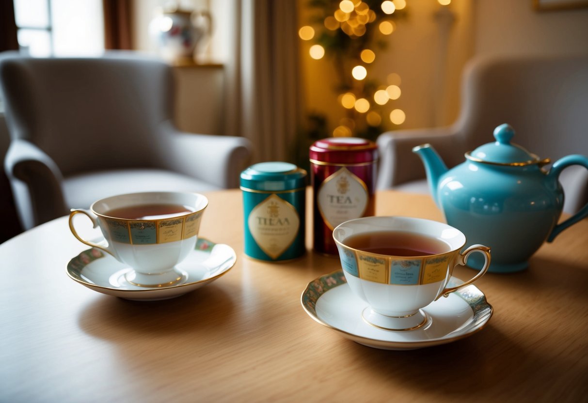 Two teacups on a table with a variety of tea tins and a teapot. A cozy setting with soft lighting and comfortable chairs