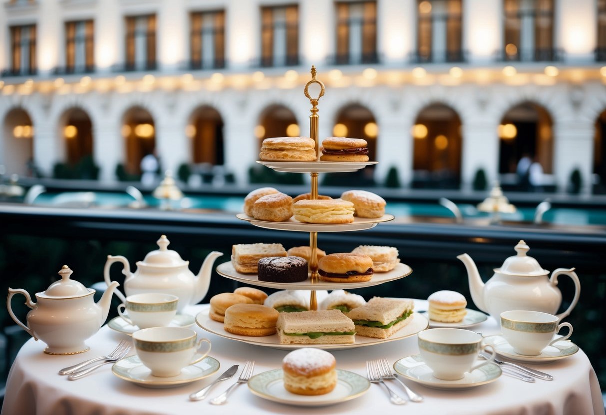 A grand display of delicate pastries, scones, and finger sandwiches on a tiered stand, accompanied by elegant teapots and fine china, set against the backdrop of the luxurious Hotel Café Royal