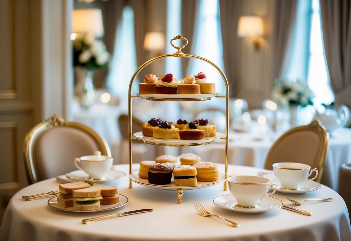 Elegant tea set on a table with tiered trays of pastries and sandwiches, surrounded by luxurious decor and soft lighting