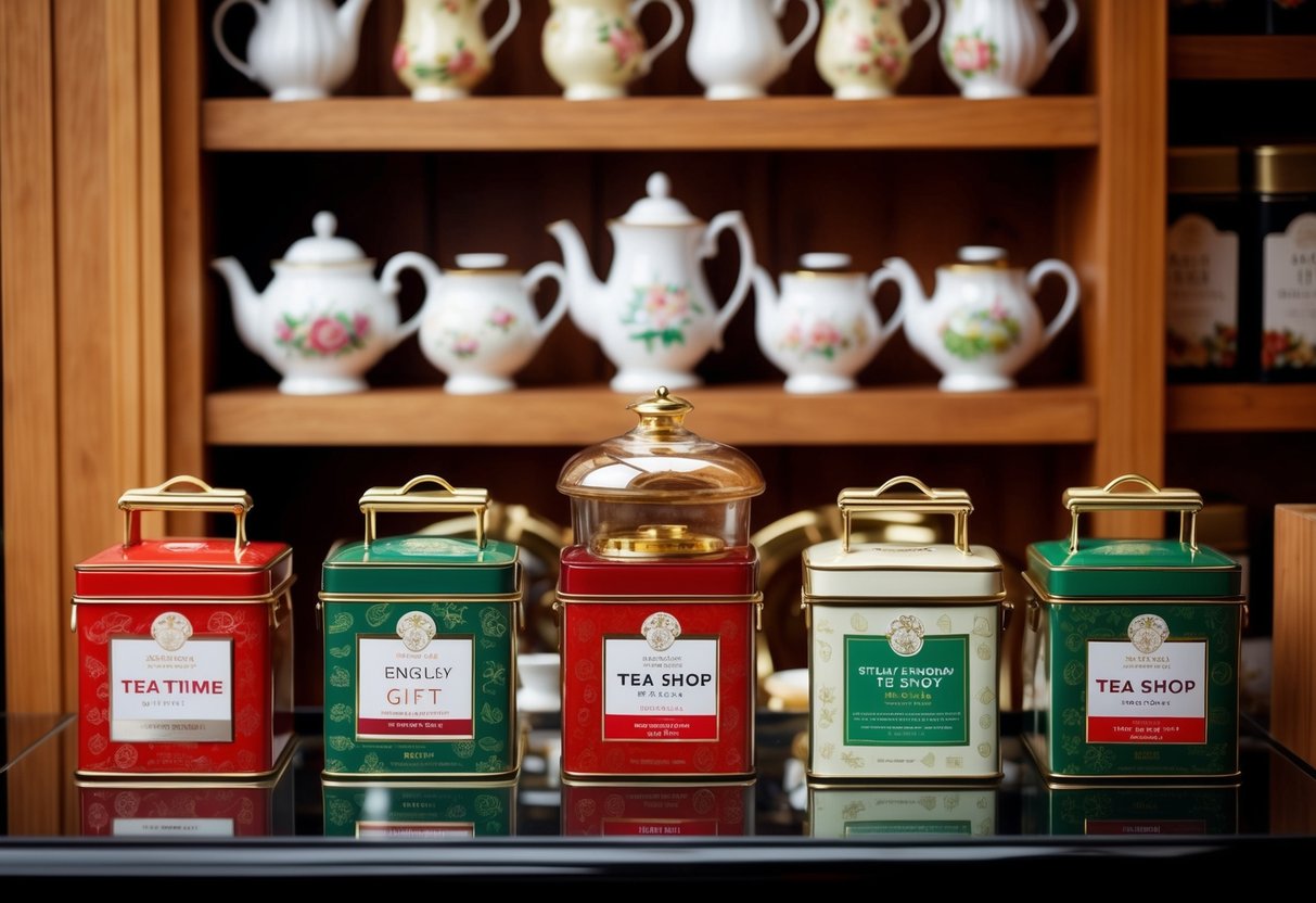 A cozy English Tea Shop Gift Caddy display with various tea time promotions