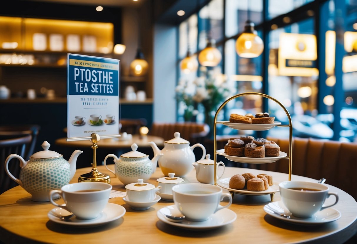 A table with various tea sets, pastries, and promotional signage displayed in a cozy cafe setting