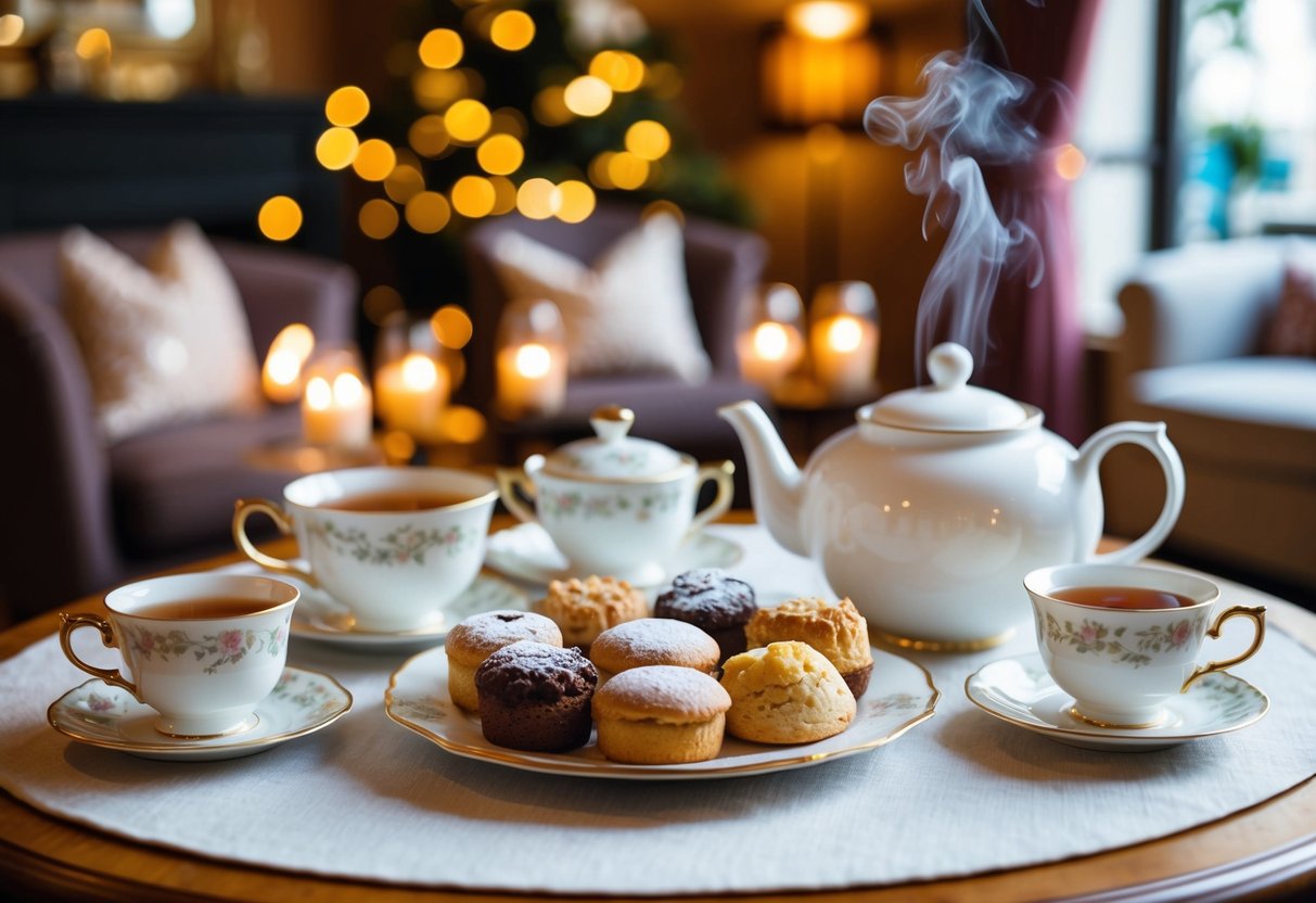 A cozy tea set arranged with assorted pastries and a steaming pot of tea, surrounded by inviting decor and a welcoming atmosphere