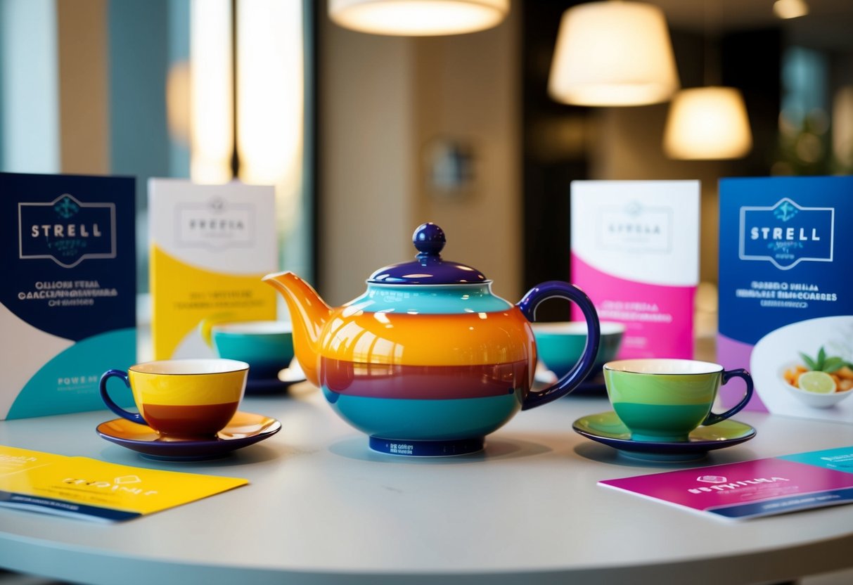A colorful tea set arranged on a modern table with promotional materials and branding displayed around it