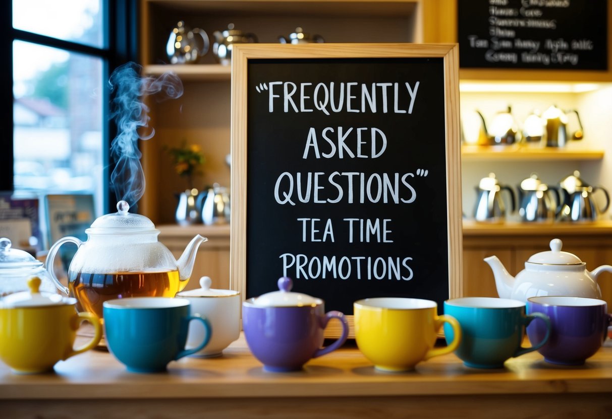 A cozy tea shop with a chalkboard sign advertising "Frequently Asked Questions" tea time promotions, surrounded by steaming teapots and colorful mugs