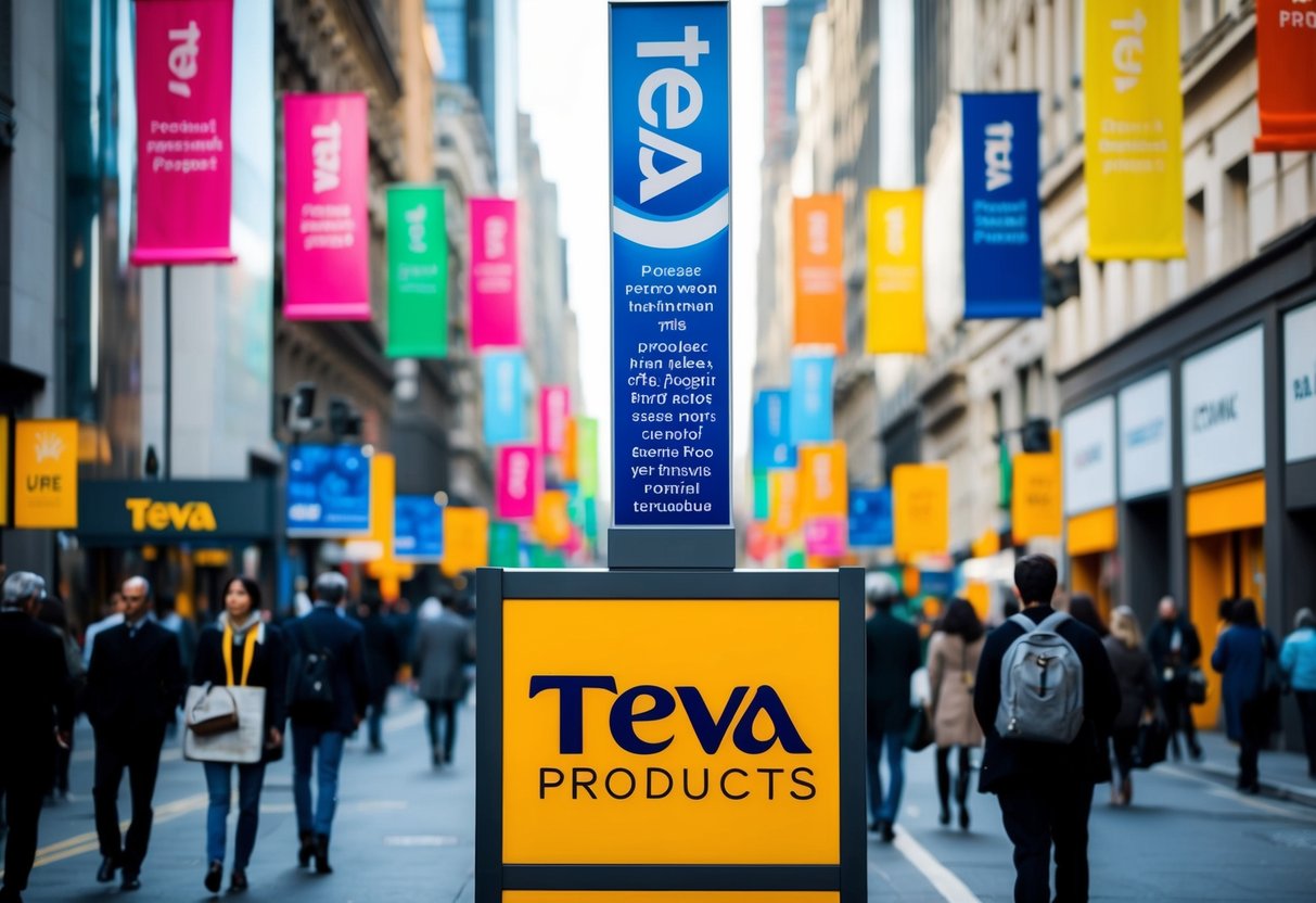 A bustling city street with colorful banners and signs promoting Teva products