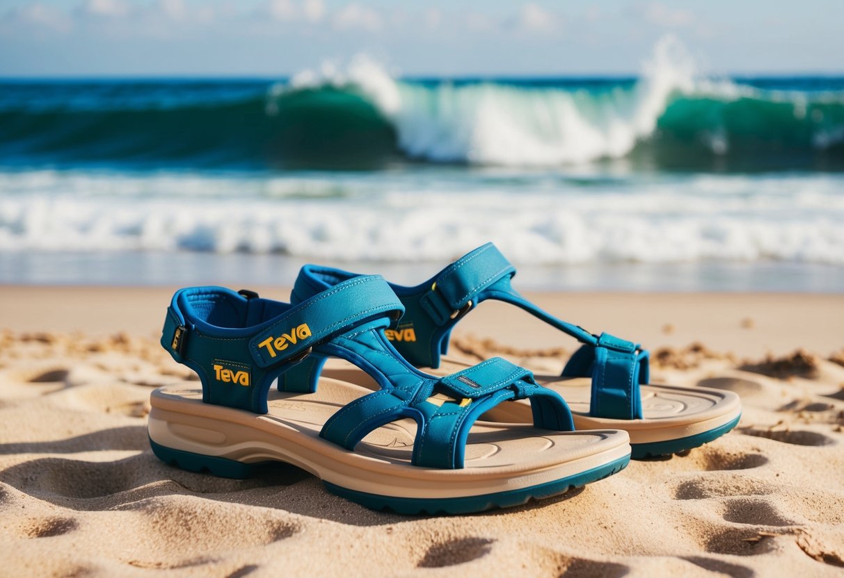 A pair of Teva Women's Original Universal Sandals displayed on a sandy beach with waves crashing in the background