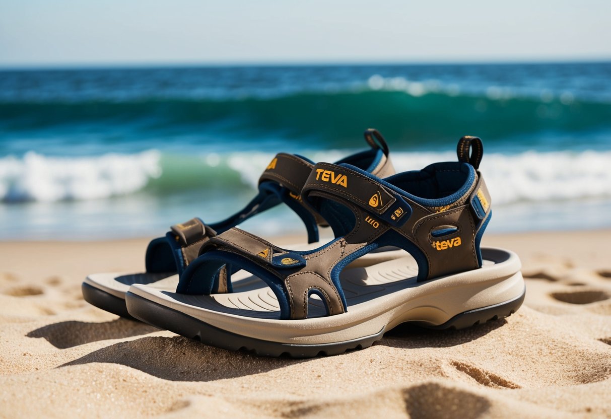 A pair of Teva Men's Hurricane XLT2 sandals placed on a sandy beach with ocean waves in the background