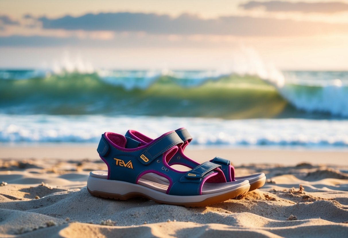 A pair of Teva Women's Midform Universal Sandals displayed on a sandy beach with waves crashing in the background