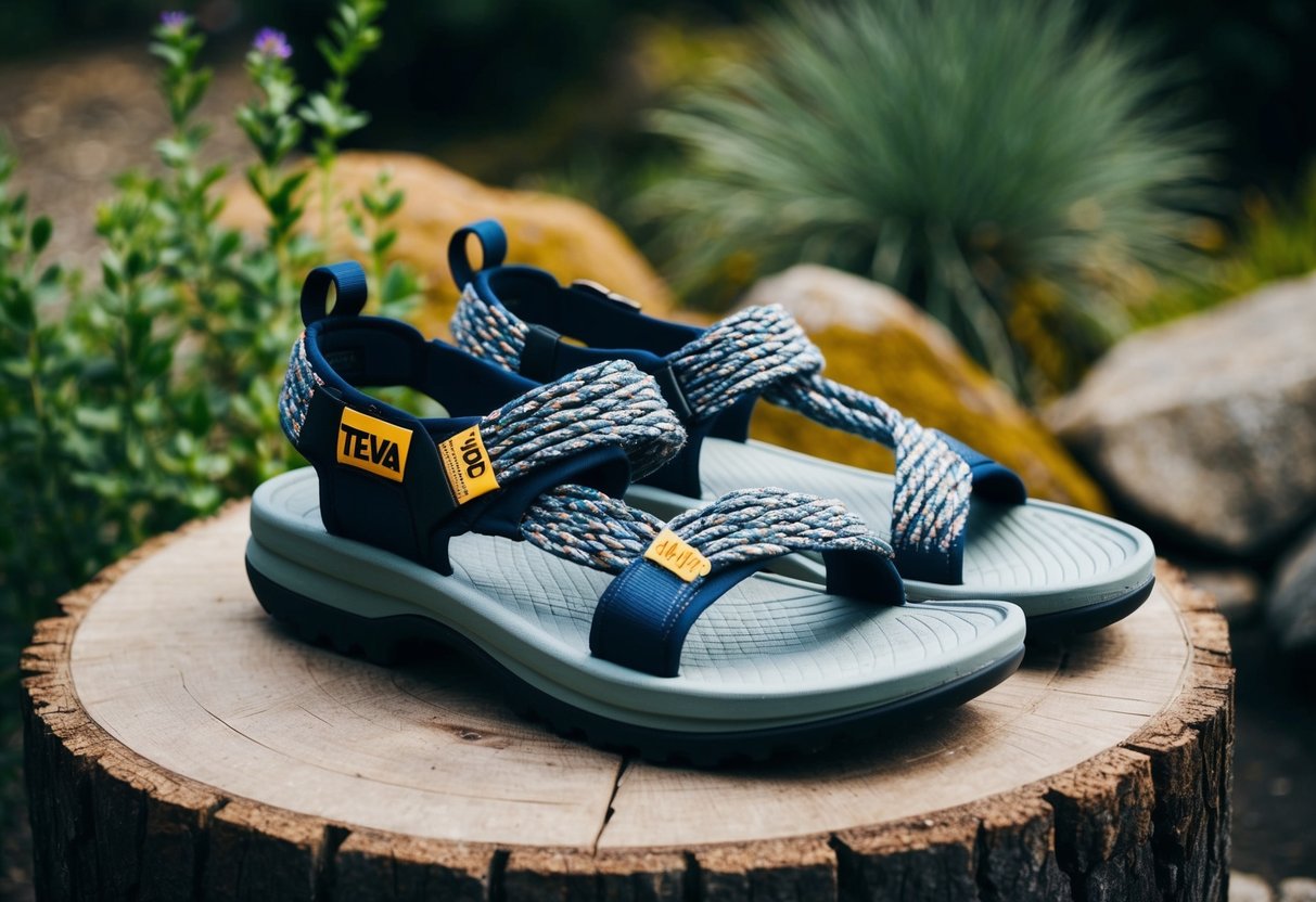 A pair of Teva Original Universal Rope Sandals displayed on a rustic wooden surface with a natural backdrop of rocks and plants