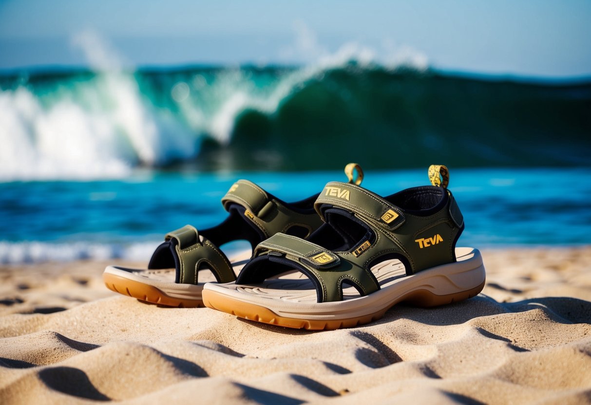 A pair of Teva Terra Fi 5 Universal Sandals displayed on a sandy beach with crashing waves in the background