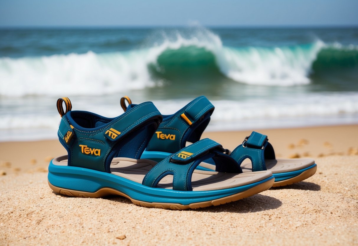A pair of Teva Men's Strata Universal Sandals displayed on a sandy beach with waves crashing in the background