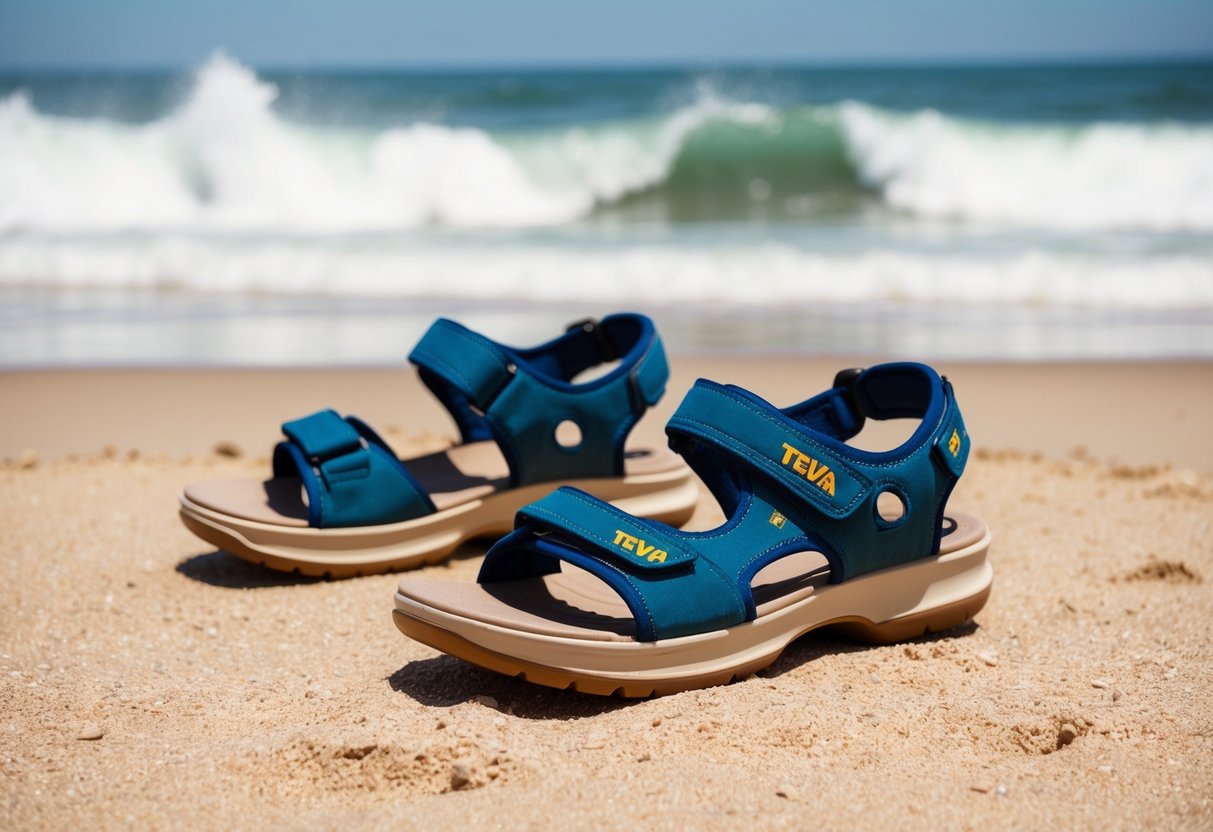 A pair of Teva Women's Flatform Universal Sandals placed on a sandy beach with waves crashing in the background