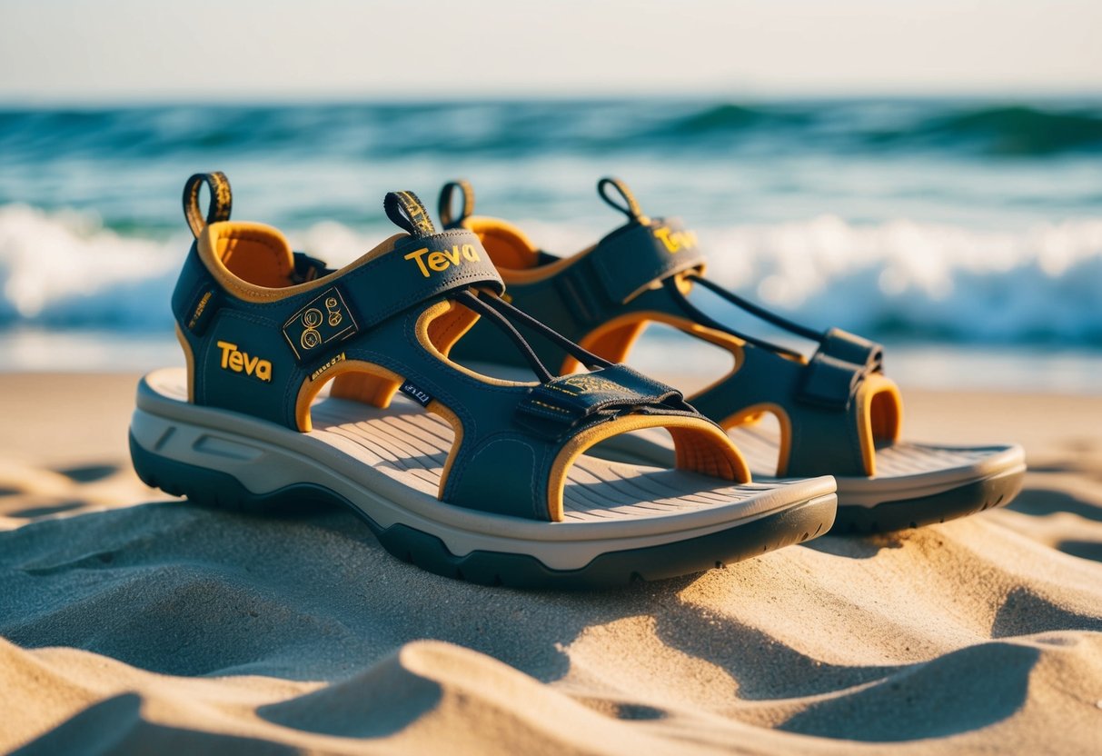 A pair of Teva Men's Omnium 2 Sandals placed on a sandy beach with gentle waves in the background