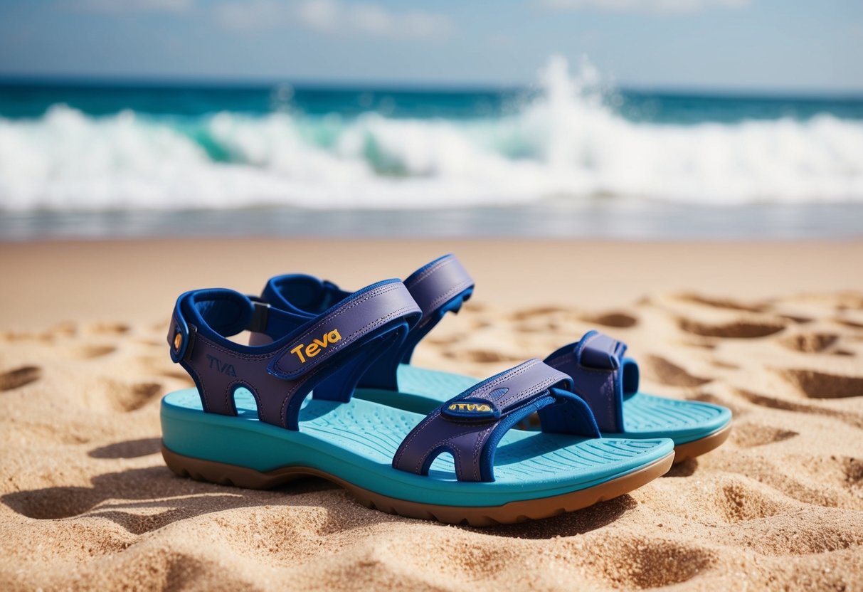 A pair of Teva Women's Tirra Sandals displayed on a sandy beach with waves crashing in the background