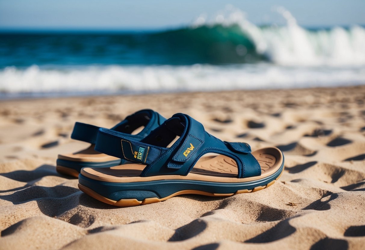 A pair of Teva Men's Katavi 2 Sandals placed on a sandy beach with waves crashing in the background