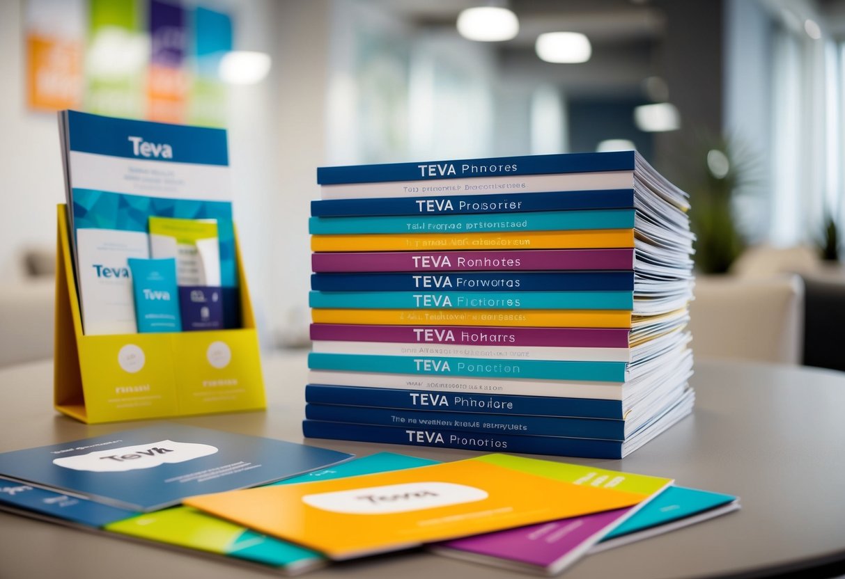 A stack of Teva promotional materials arranged neatly on a table, with colorful brochures and branded merchandise displayed