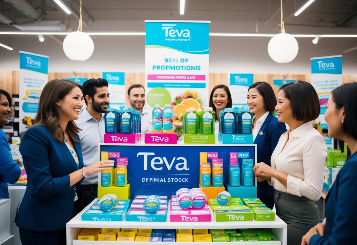 A vibrant display of Teva products with promotional signage and banners, surrounded by happy customers engaging with sales representatives