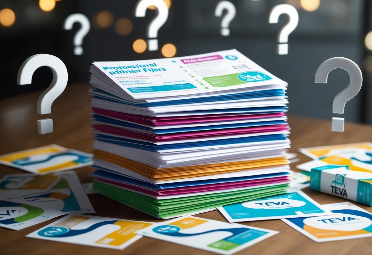 A stack of promotional flyers surrounded by question marks and Teva product samples