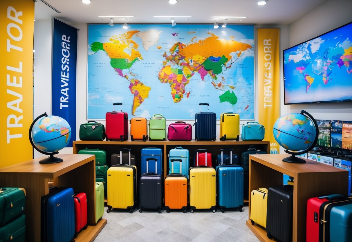 A travel store with colorful banners, suitcases, and globes displayed. A world map on the wall and a digital screen showing exotic destinations