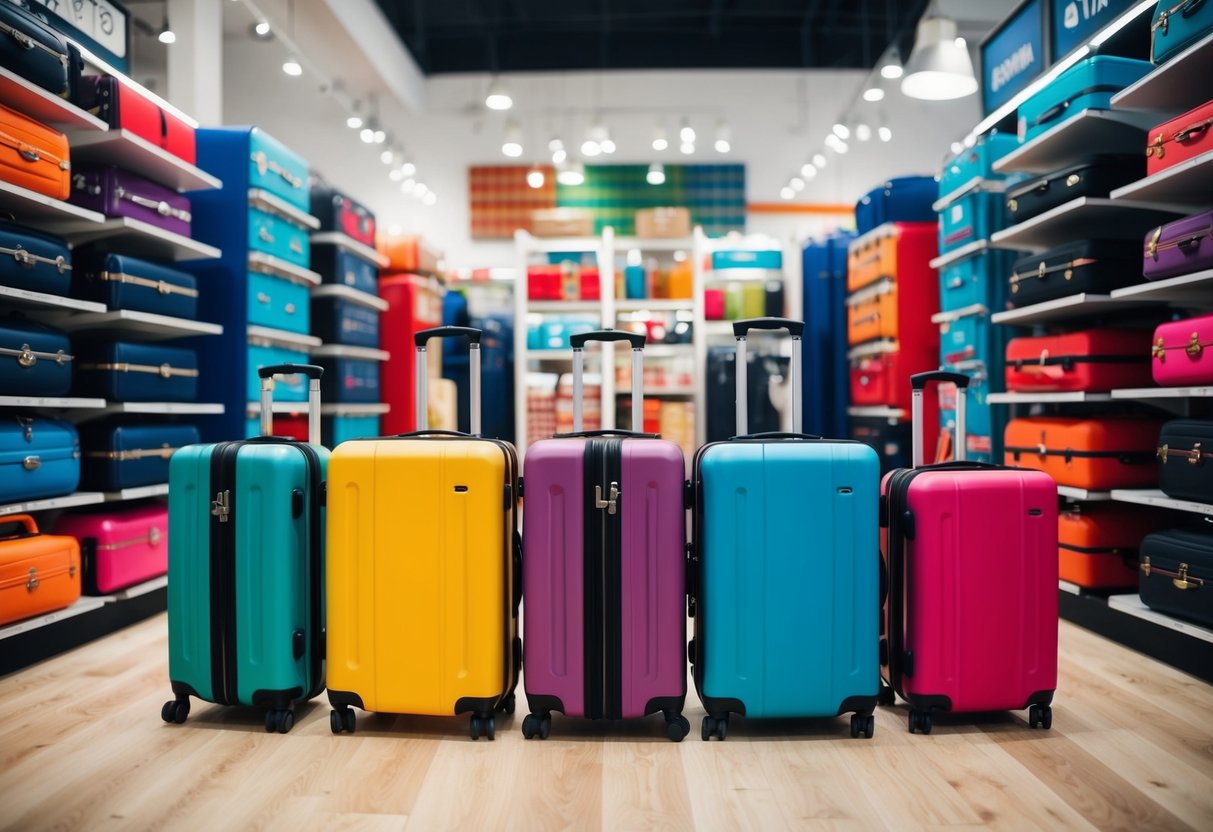 A vibrant travel store with colorful luggage on sale