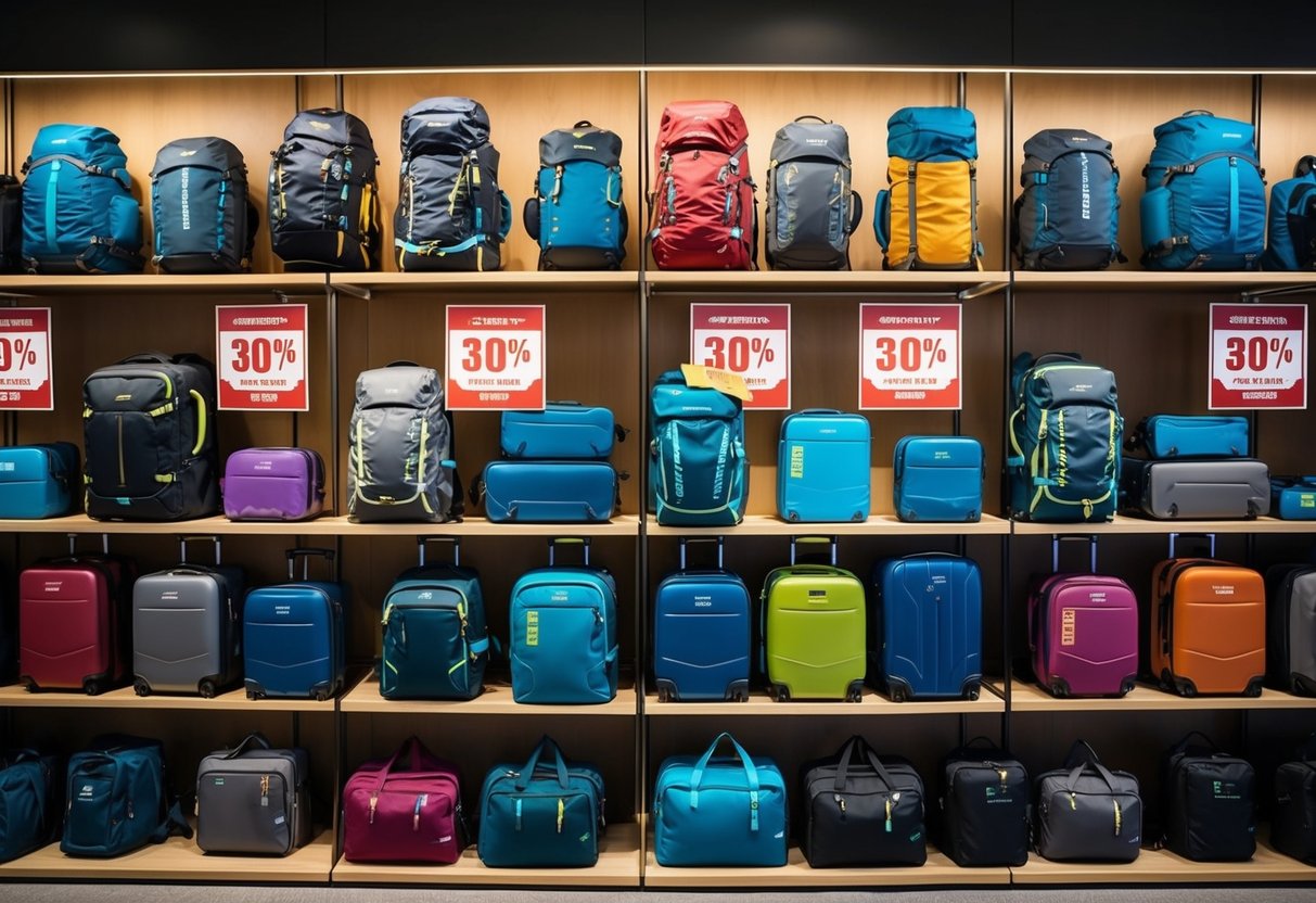 A display of travel gear at Eagle Creek, with various backpacks, suitcases, and accessories arranged neatly on shelves and tables, all marked with 30% off promotional signs