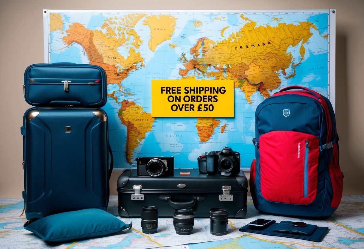 A suitcase, travel backpack, and various travel accessories arranged on a map background with a "Free shipping on orders over £50" banner
