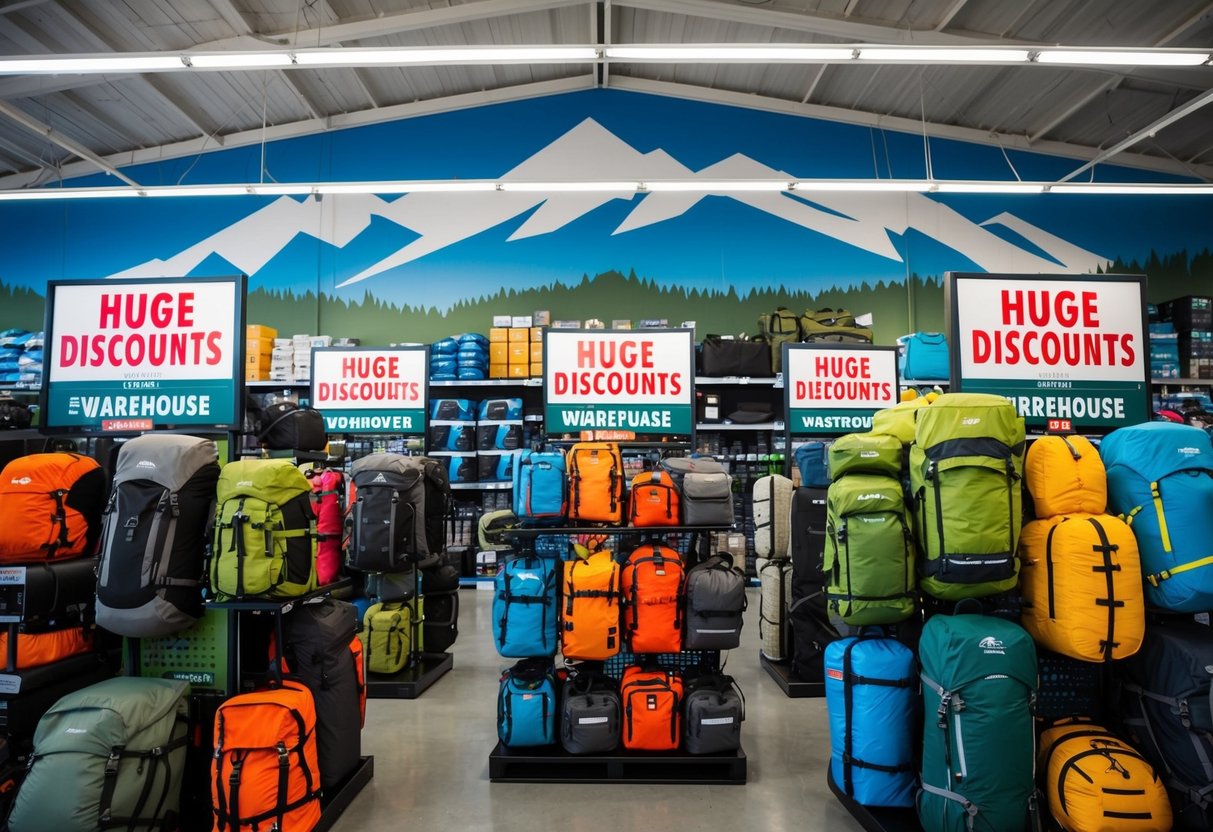 A colorful display of outdoor travel gear at Mountain Warehouse, with prominent "Huge Discounts" signs and various equipment on sale