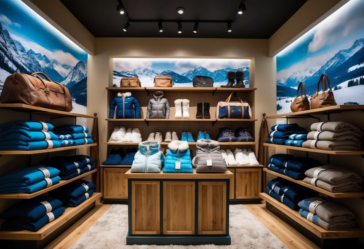A cozy travel store with shelves of winter apparel on sale. Snowy landscapes and globetrotter accessories adorn the walls