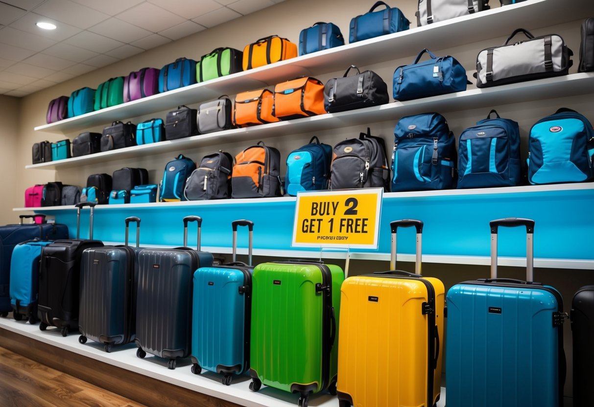 A display of colorful travel gear with a "Buy 2 get 1 free" sign. Suitcases, backpacks, and travel accessories arranged neatly on shelves