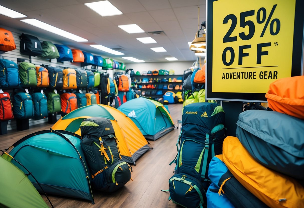 A bustling store with colorful displays of outdoor gear, tents, and backpacks. A large sign advertises "25% off" on adventure gear