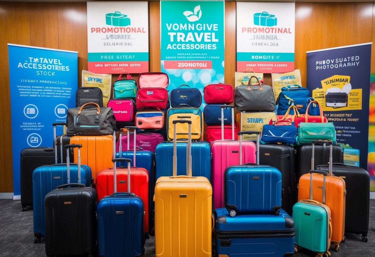 A colorful display of travel accessories and luggage, surrounded by promotional signs and banners