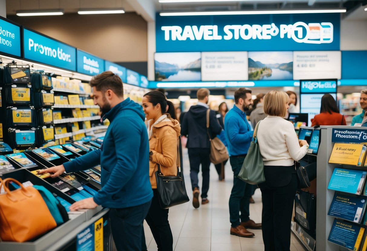 A bustling travel store with customers browsing promotions and a display of frequently asked questions