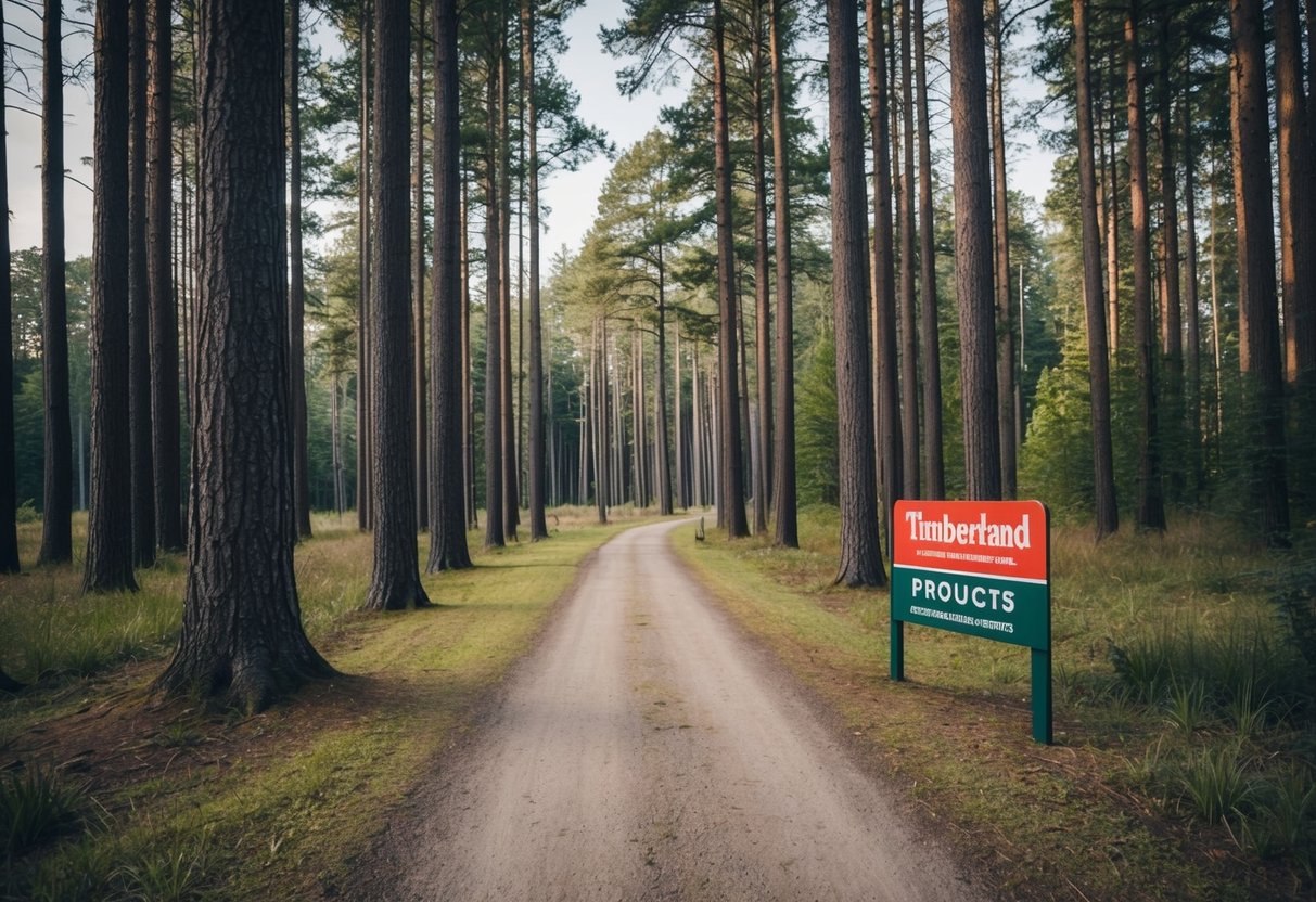 A forest with tall trees and a clear path, with a sign promoting Timberland products