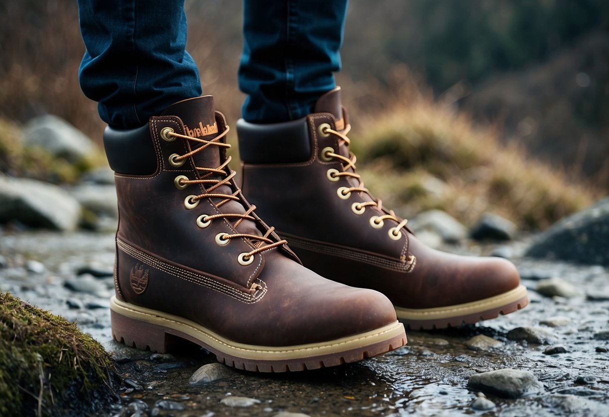 A pair of Timberland 6-Inch Premium Waterproof Boots in a rugged outdoor setting, surrounded by nature and elements of weather