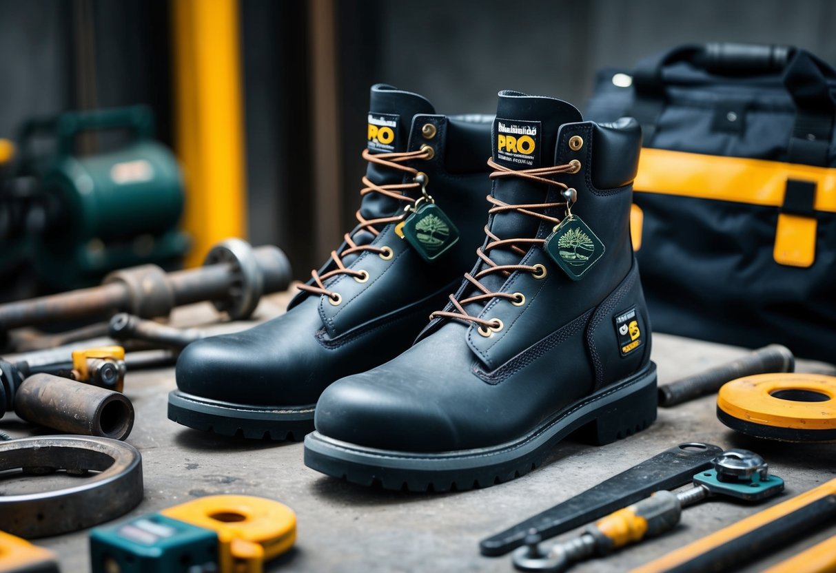 A pair of Timberland PRO Direct Attach Steel Toe Boots displayed on a rugged work surface, surrounded by industrial tools and equipment