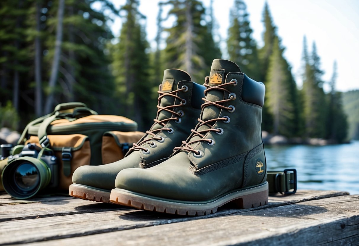 A pair of Timberland Earthkeepers Rugged Boots resting on a weathered wooden dock, surrounded by rugged outdoor gear and a backdrop of towering pine trees