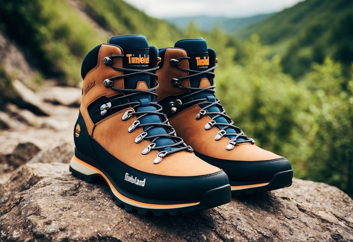 A pair of Timberland Sprint Trekker Hiking Boots placed on a rugged, rocky trail with lush greenery in the background