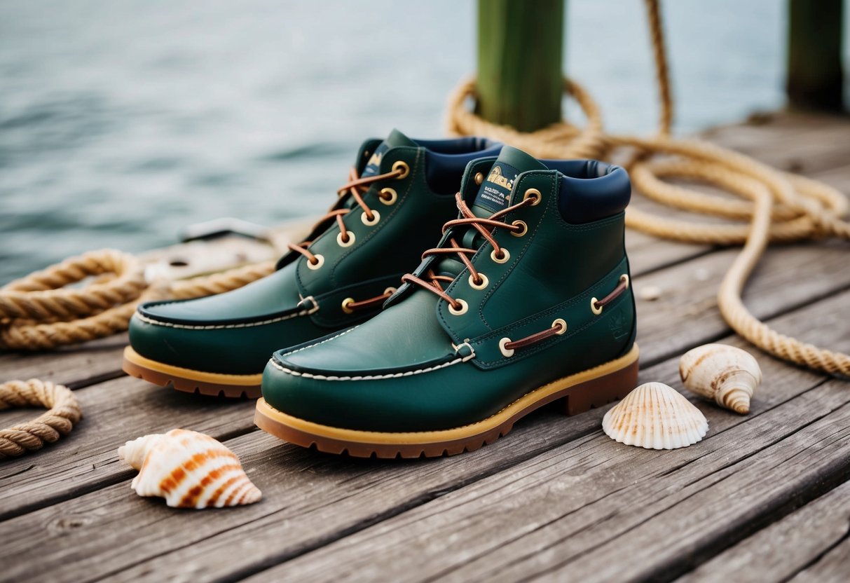 A pair of Timberland Classic 2-Eye Boat Shoes on a wooden dock by the water, surrounded by nautical ropes and seashells