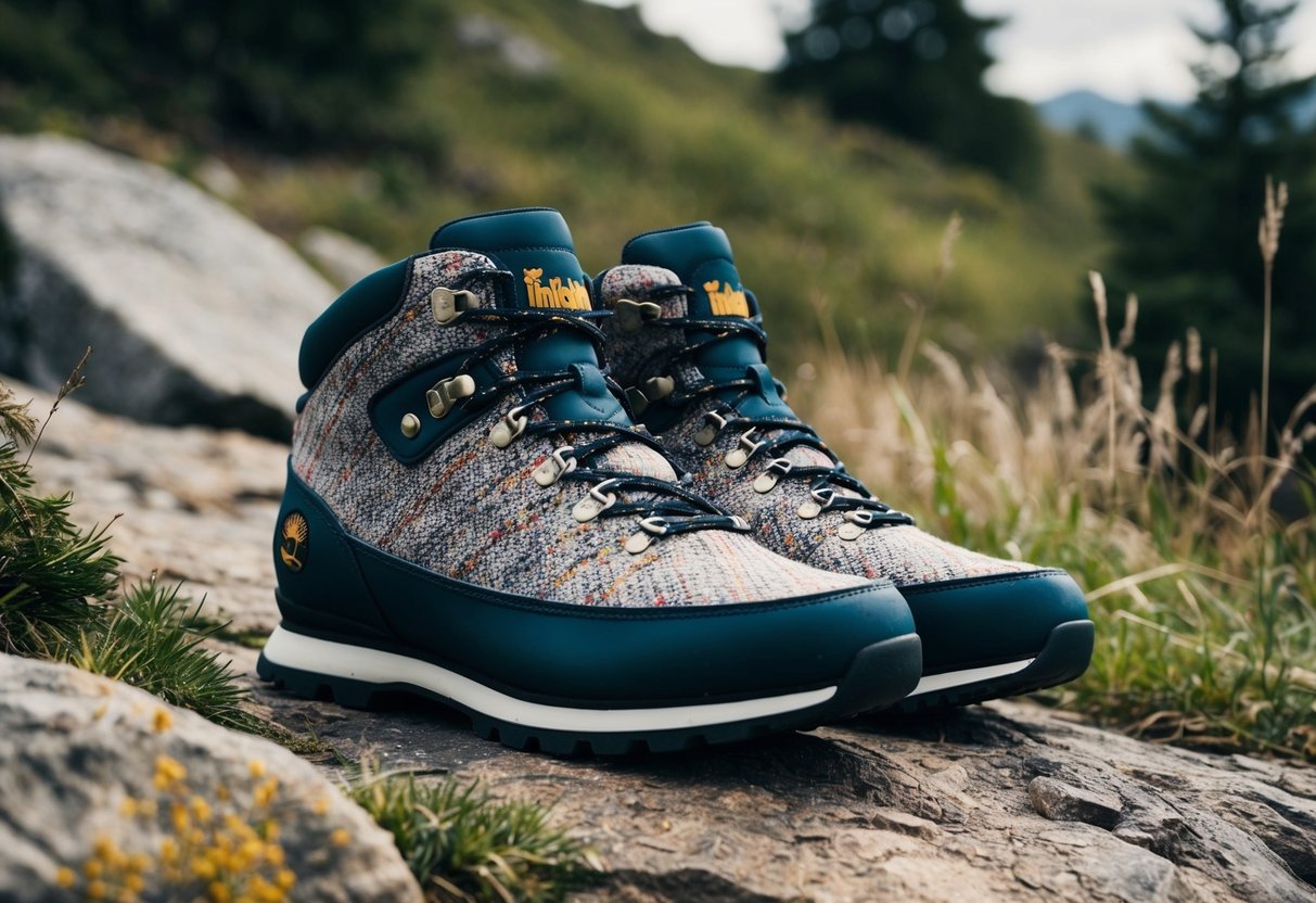 A pair of Timberland Euro Hiker Jacquard shoes displayed on a rugged outdoor terrain with natural elements such as rocks, trees, and grass