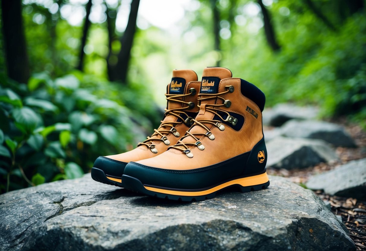 A pair of Timberland Mt. Maddsen Hiking Boots placed on a rocky trail with lush greenery in the background