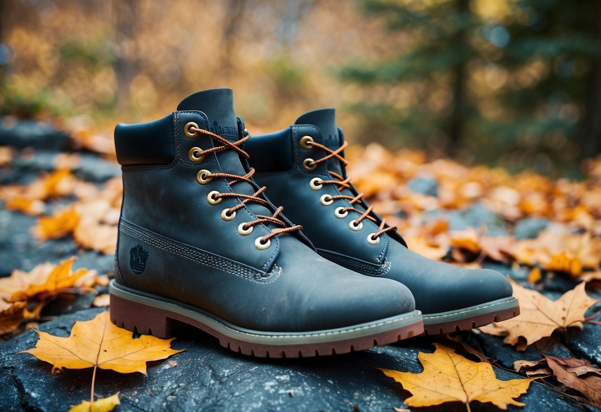 A pair of Timberland Nellie Chukka Double Waterproof Boots surrounded by autumn leaves and a rugged outdoor setting