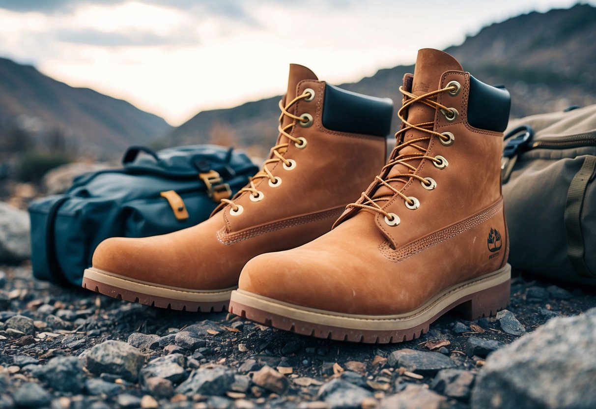A pair of Timberland Radford 6-Inch Boots surrounded by outdoor gear and rugged terrain