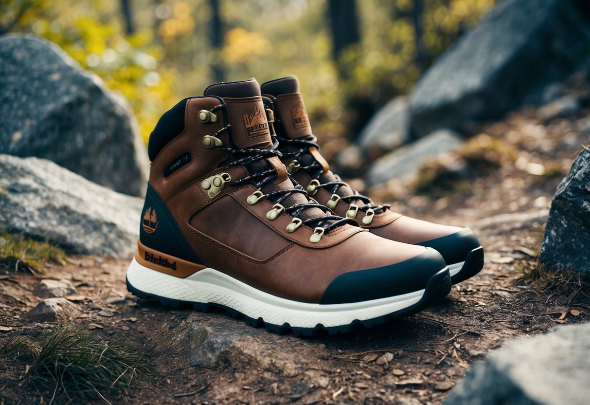 A pair of Timberland Garrison Trail Sneakers displayed on a rugged outdoor trail, surrounded by rocks, trees, and foliage