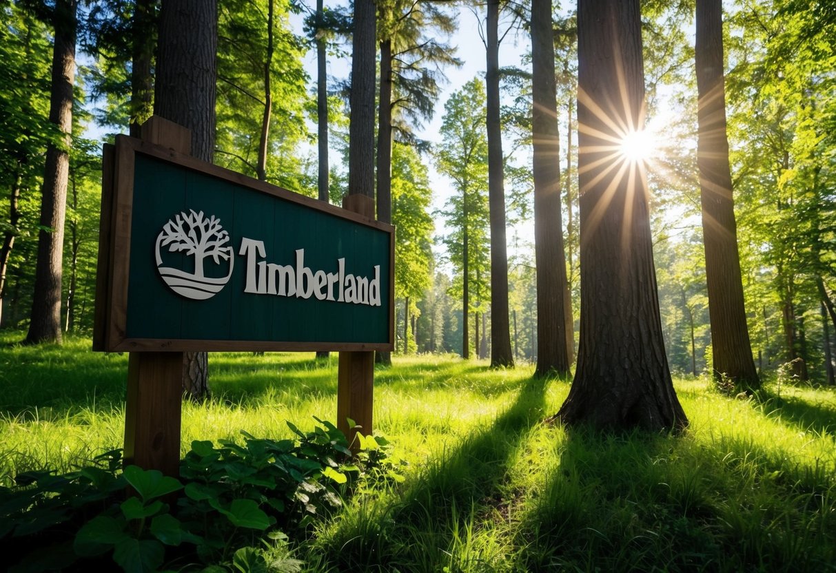 A lush forest with a Timberland logo prominently displayed on a wooden sign. The sun shines through the trees, casting dappled light on the ground