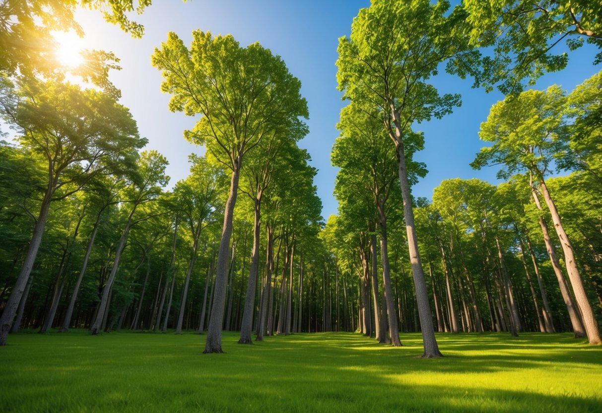 A lush forest with tall, healthy trees and a clear, sunny sky, showcasing the natural beauty and benefits of Timberland promotions