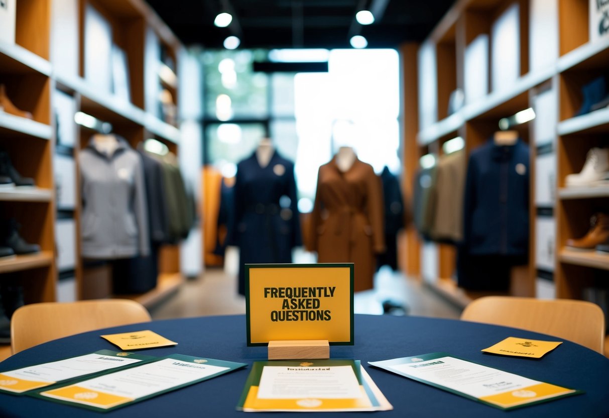 A table with promotional materials and a sign reading "Frequently Asked Questions" at a timberland store