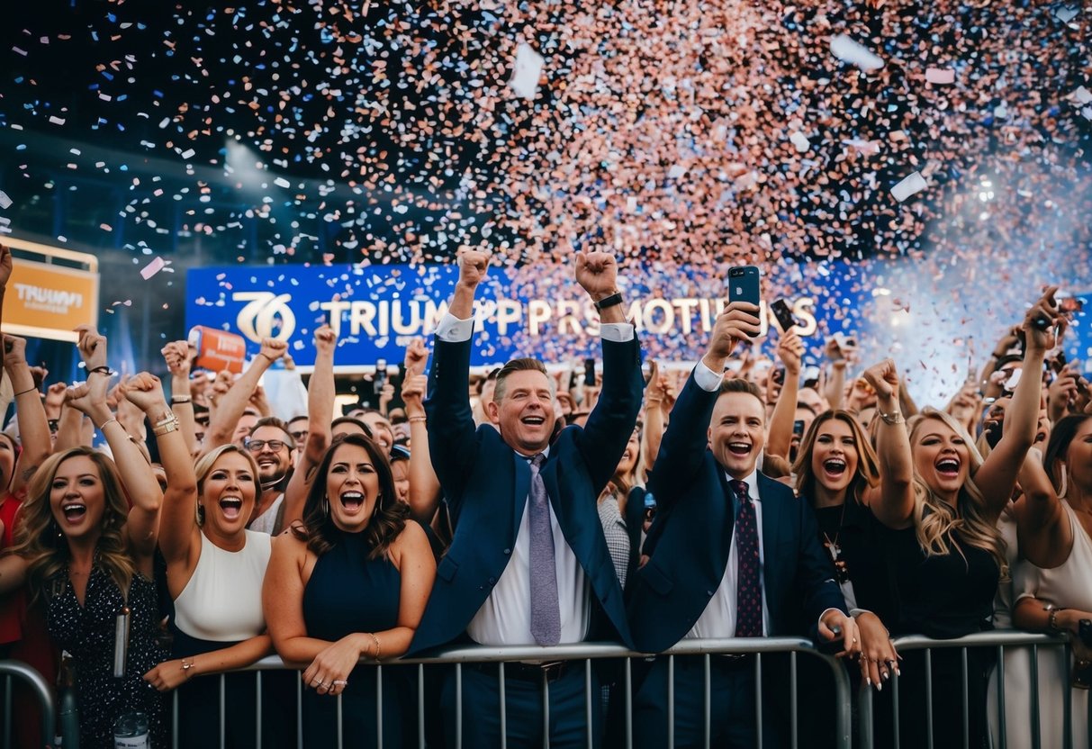 A crowd cheers under confetti rain at Triumph Promotions event