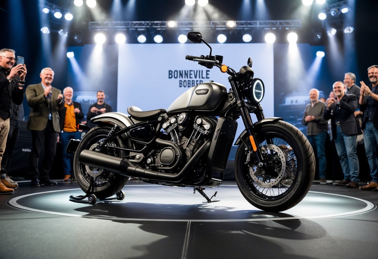 A sleek, modern motorcycle sits center stage, surrounded by flashing lights and enthusiastic onlookers at the Bonneville Bobber 2025 launch event