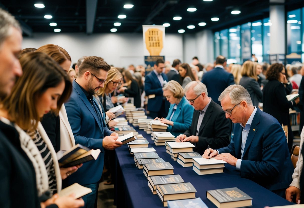 A crowded book signing event with a long line of people, a banner with the book's title, and the author sitting at a table signing books