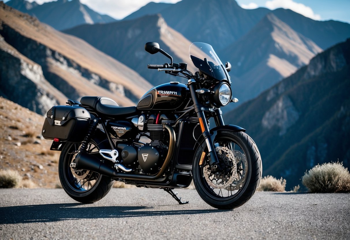 A sleek black Triumph Rocket 3 motorcycle sits against a backdrop of rugged mountains, adorned with custom accessory packs including saddlebags and a windshield